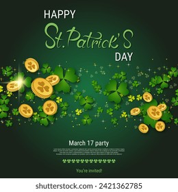 St.Patrick's Day elegant vector illustration. Green background with clover leaves and design elements