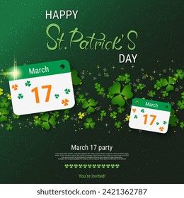 St.Patrick's Day elegant vector illustration. Green background with clover leaves and design elements