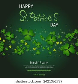 St.Patrick's Day elegant vector illustration. Green background with clover leaves and design elements