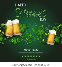 St.Patrick's Day elegant vector illustration. Green background with clover leaves and design elements