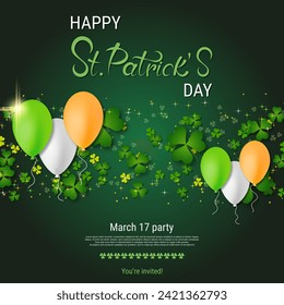 St.Patrick's Day elegant vector illustration. Green background with clover leaves and design elements