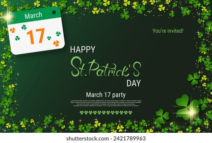 St.Patrick's Day elegant vector illustration. Green background with clover leaves and design elements