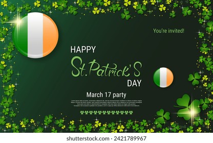 St.Patrick's Day elegant vector illustration. Green background with clover leaves and design elements