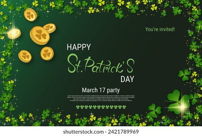 St.Patrick's Day elegant vector illustration. Green background with clover leaves and design elements