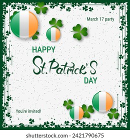 St.Patrick's Day elegant vector illustration. White background with clover leaves and design elements