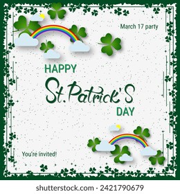St.Patrick's Day elegant vector illustration. White background with clover leaves and design elements