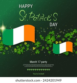 St.Patrick's Day elegant vector illustration. Green gradient background with clover leaves and design elements