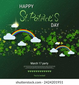 St.Patrick's Day elegant vector illustration. Green gradient background with clover leaves and design elements
