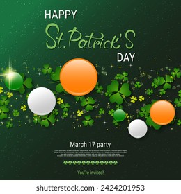St.Patrick's Day elegant vector illustration. Green gradient background with clover leaves and design elements
