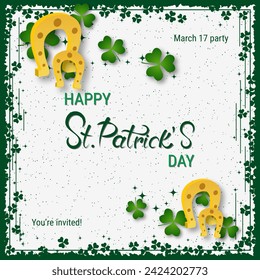 St.Patrick's Day elegant vector illustration. White background with grunge frame, clover leaves and design elements