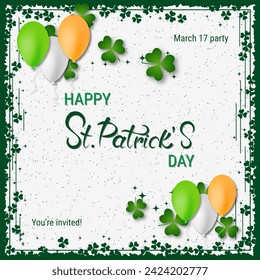 St.Patrick's Day elegant vector illustration. White background with grunge frame, clover leaves and design elements