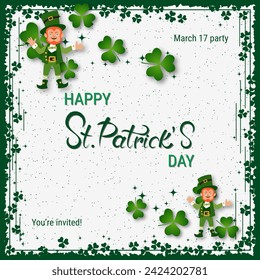 St.Patrick's Day elegant vector illustration. White background with grunge frame, clover leaves and design elements
