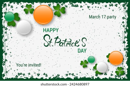 St.Patrick's Day elegant vector illustration. White background with grunge frame, clover leaves and design elements