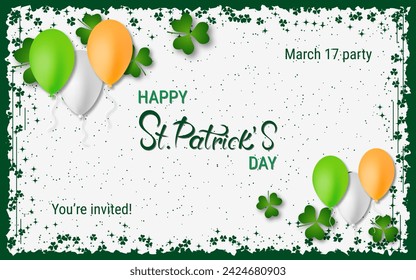 St.Patrick's Day elegant vector illustration. White background with grunge frame, clover leaves and design elements