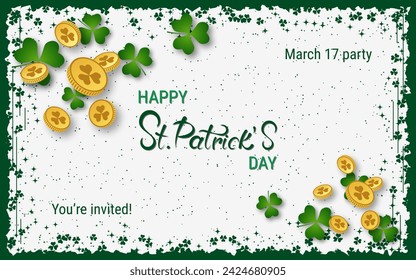 St.Patrick's Day elegant vector illustration. White background with grunge frame, clover leaves and design elements