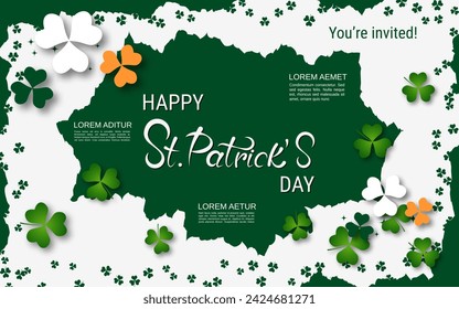 St.Patrick's Day elegant vector illustration. White background with grunge frame, clover leaves and design elements