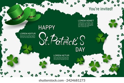 St.Patrick's Day elegant vector illustration. White background with grunge frame, clover leaves and design elements