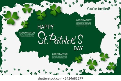 St.Patrick's Day elegant vector illustration. White background with grunge frame, clover leaves and design elements