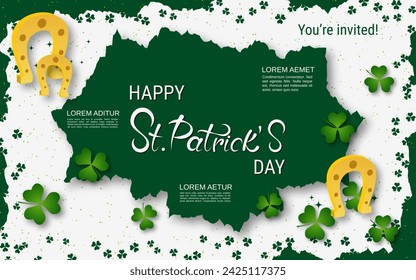 St.Patrick's Day elegant vector illustration. White background with grunge frame, clover leaves and design elements