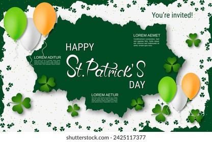 St.Patrick's Day elegant vector illustration. White background with grunge frame, clover leaves and design elements