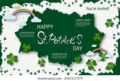 St.Patrick's Day elegant vector illustration. White background with grunge frame, clover leaves and design elements