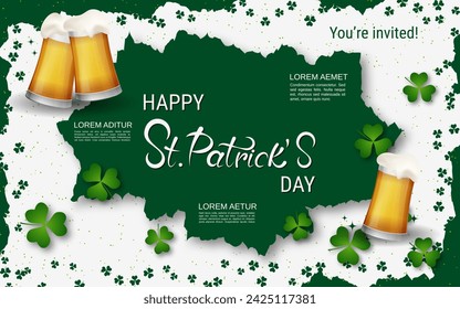 St.Patrick's Day elegant vector illustration. White background with grunge frame, clover leaves and design elements