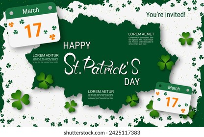 St.Patrick's Day elegant vector illustration. White background with grunge frame, clover leaves and design elements