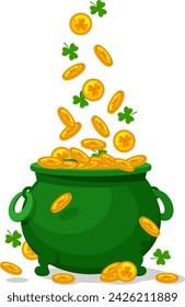 St.Patricks Day. Gold coins fall into a green jug on a white background.