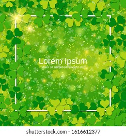 St.Patrick's Day green blurred vector background with clover leaves and white frame