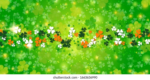 St.Patrick's Day green blurred vector background with clover leaves and bokeh effect
