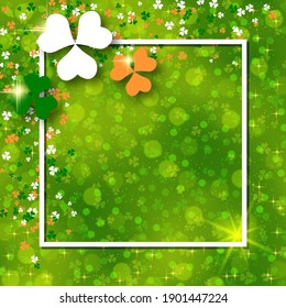 St.Patrick's Day green blurred vector background with clover leaves and white frame