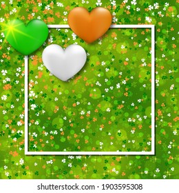 St.Patrick's Day green blurred vector background with clover leaves and white frame