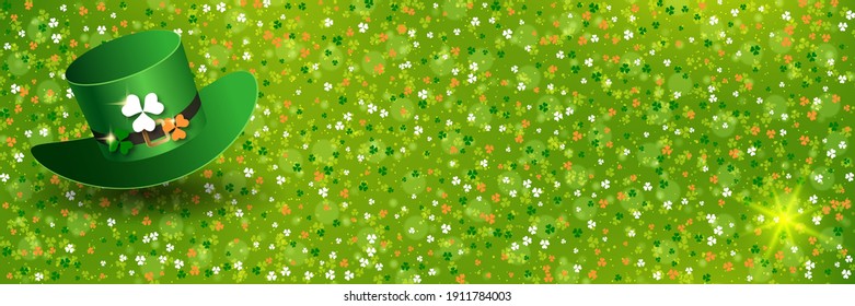 St.Patrick's Day green blurred vector background with colorful clover leaves and leprechaun hat