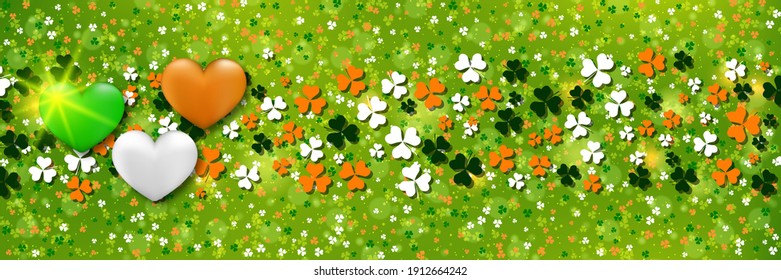St.Patrick's Day, grüner, unscharfer Vektorhintergrund mit bunten Kleeblatten