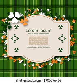 St.Patrick's Day green plaid vector background with colorful clover leaves and frame