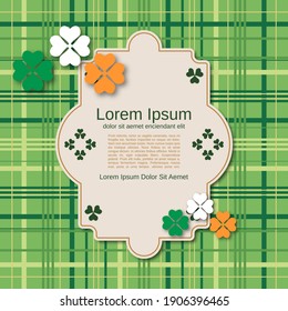 St.Patrick's Day green plaid vector background with colorful clover leaves and frame