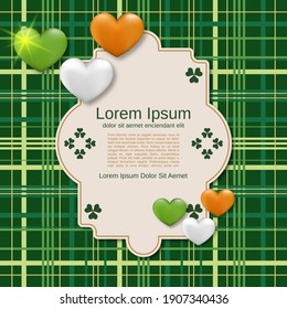 St.Patrick's Day green plaid vector background with colorful hearts and frame