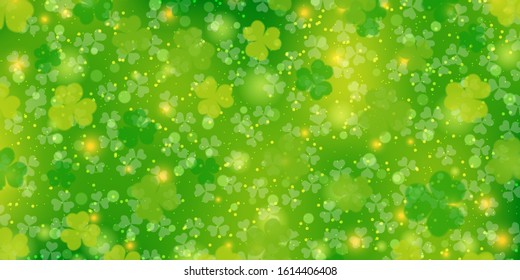 St.Patrick's Day green vector background with clover leaves and bokeh effect