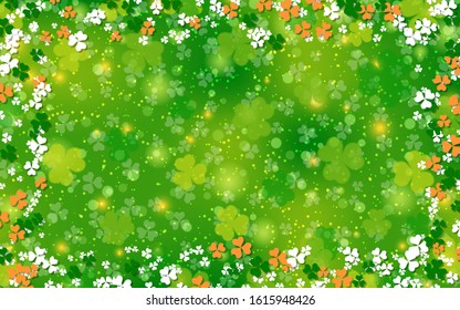 St.Patrick's Day green vector background with clover leaves and bokeh effect