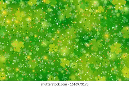 St.Patrick's Day green vector background with clover leaves and bokeh effect