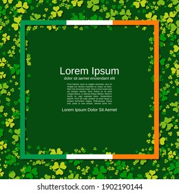 St.Patrick's Day green vector background with clover leaves and frame
