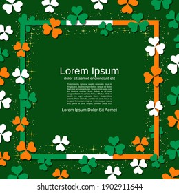 St.Patrick's Day green vector background with clover leaves and frame