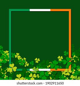 St.Patrick's Day green vector background with clover leaves and frame