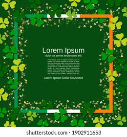 St.Patrick's Day green vector background with clover leaves and frame