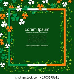 St.Patrick's Day green vector background with colorful clover leaves and frame