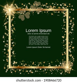 St.Patrick's Day green vector background with golden clover leaves and frame