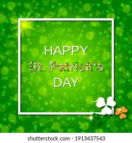 St.Patrick's Day green vector background with clover leaves and white frame