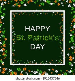 St.Patrick's Day green vector background with clover leaves and white frame