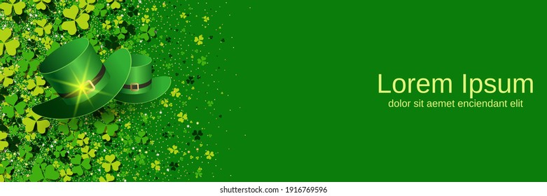 St.Patrick's Day green vector background with colorful clover leaves and leprechaun hats