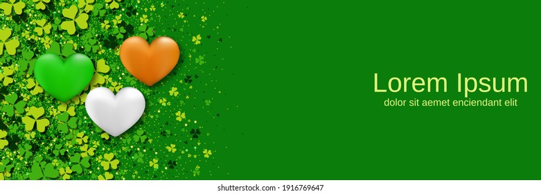 St.Patrick's Day green vector background with colorful clover leaves and hearts